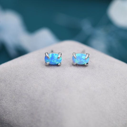Blue Opal Oval Stud Earrings in Sterling Silver - Gold or Silver - Opal Oval Earrings - Opal Prong Set Earrings,Blue Opal