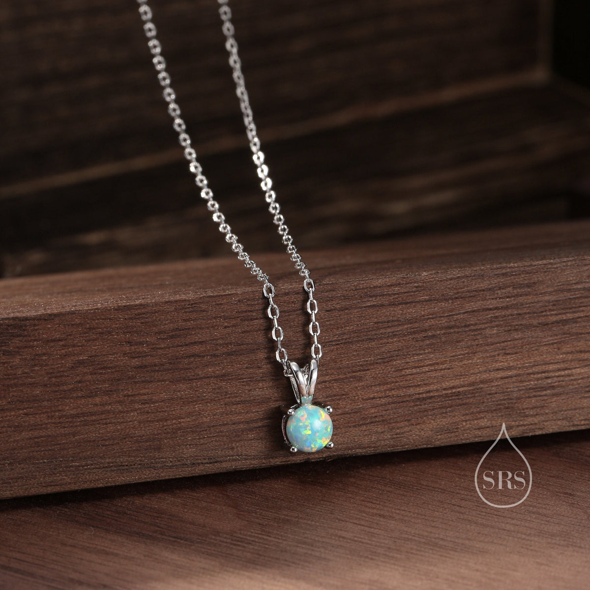 Tiny Aqua Green Opal Pendant Necklace in Sterling Silver, 5mm Lab Opal Necklace, Single Opal Necklace, Fire Opal Necklace