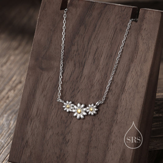 Sterling Silver Daisy Flower Trio Pendant Necklace, Three Flower Necklace, Daisy Chain Necklace, Two Tone Flower Pendant Necklace