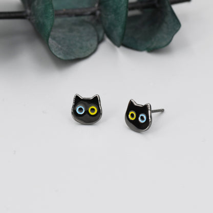 Black Odd-eyed Cat Stud Earrings in Sterling Silver, Black Rhodium Coated Cat Earrings, Cute Cat Earrings, Silver Cat Earrings,