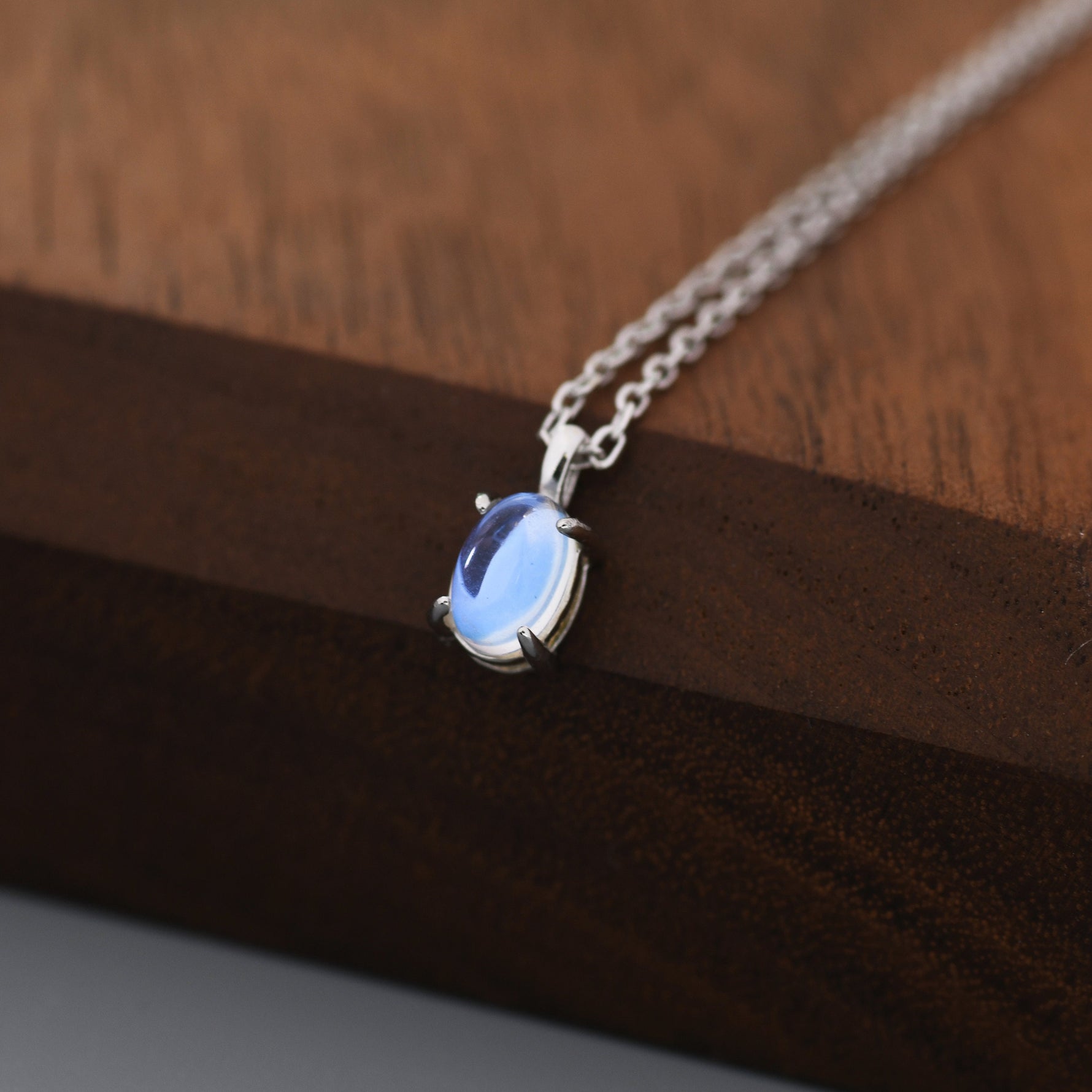 Oval Moonstone Pendant Necklace in Sterling Silver, Moonstone Necklace, 4x6mm Oval Shape Moonstone Necklace, Aurora Crystal, AB Crystal