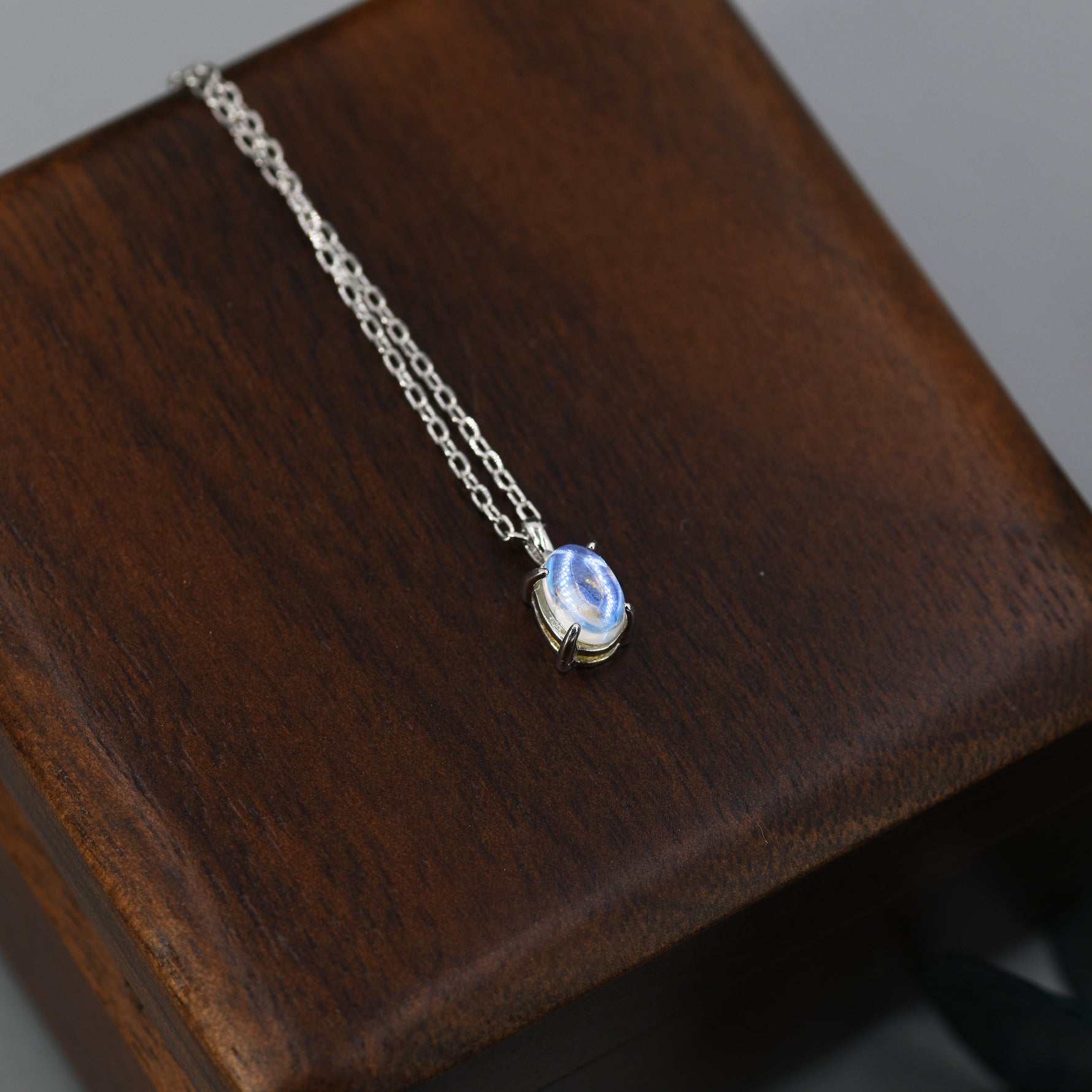 Oval Moonstone Pendant Necklace in Sterling Silver, Moonstone Necklace, 4x6mm Oval Shape Moonstone Necklace, Aurora Crystal, AB Crystal