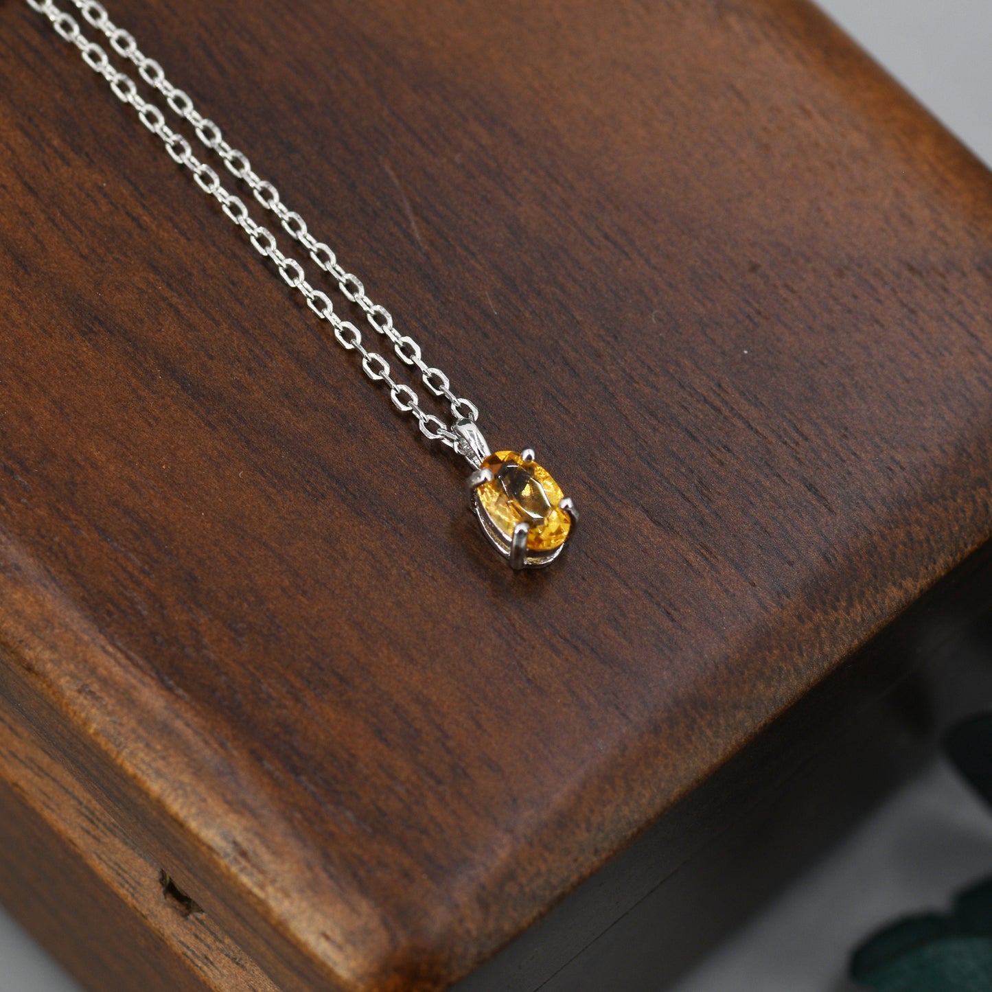 Extra Tiny Genuine Yellow Citrine Crystal Oval Pendant Necklace in Sterling Silver, 4x6 mm