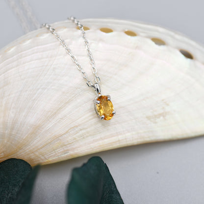 Extra Tiny Genuine Yellow Citrine Crystal Oval Pendant Necklace in Sterling Silver, 4x6 mm