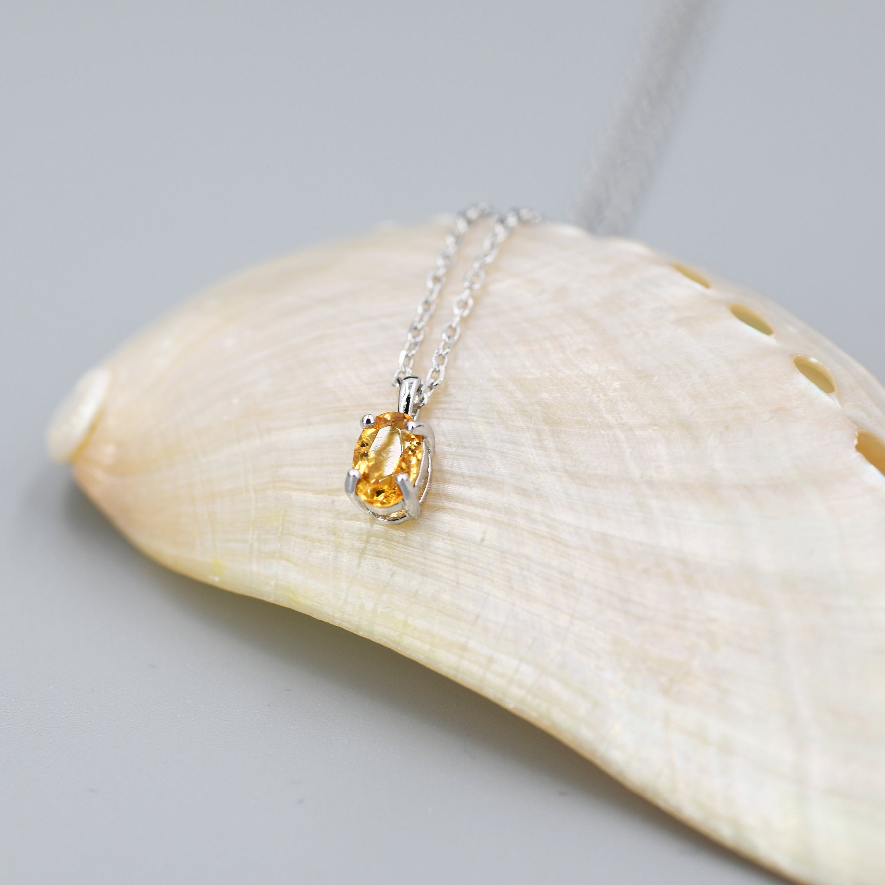 Extra Tiny Genuine Yellow Citrine Crystal Oval Pendant Necklace in Sterling Silver, 4x6 mm