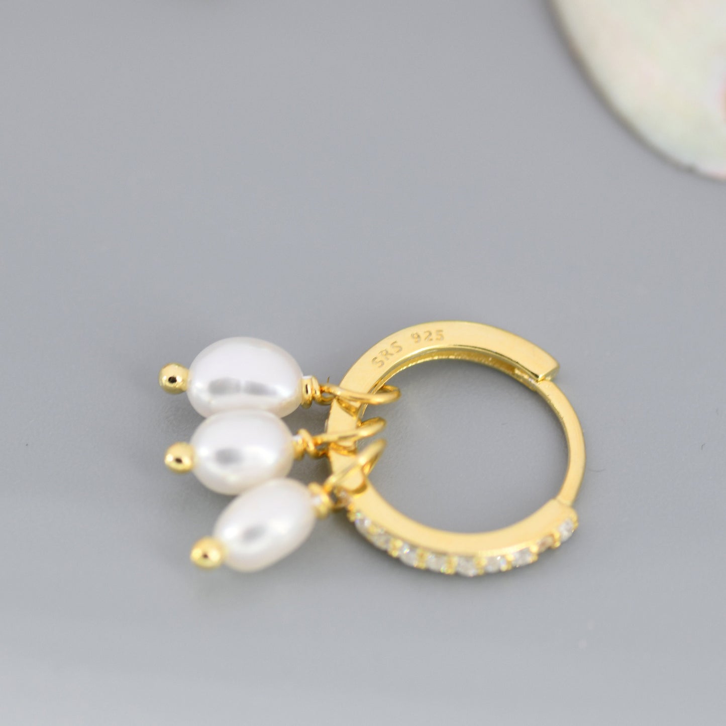 Natural Oval Pearl Trio CZ Huggie Hoop Earrings in Sterling Silver, Silver or Gold, Pearl Cluster Dangle Earrings, Genuine Freshwater Pearls