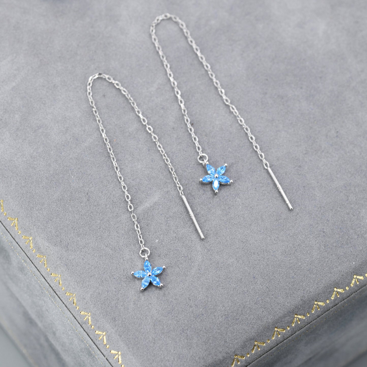 Aquamarine Blue CZ Flower Threader Earrings in Sterling Silver, Silver or Gold, Forget-me-not Floral Ear Threaders, Sparkly CZ Threaders