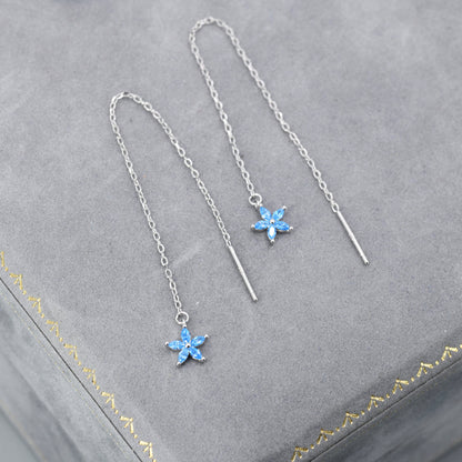 Aquamarine Blue CZ Flower Threader Earrings in Sterling Silver, Silver or Gold, Forget-me-not Floral Ear Threaders, Sparkly CZ Threaders