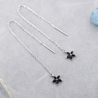 Black CZ Flower Threader Earrings in Sterling Silver, Silver or Gold, Forget-me-not Floral Ear Threaders, Sparkly CZ Threaders