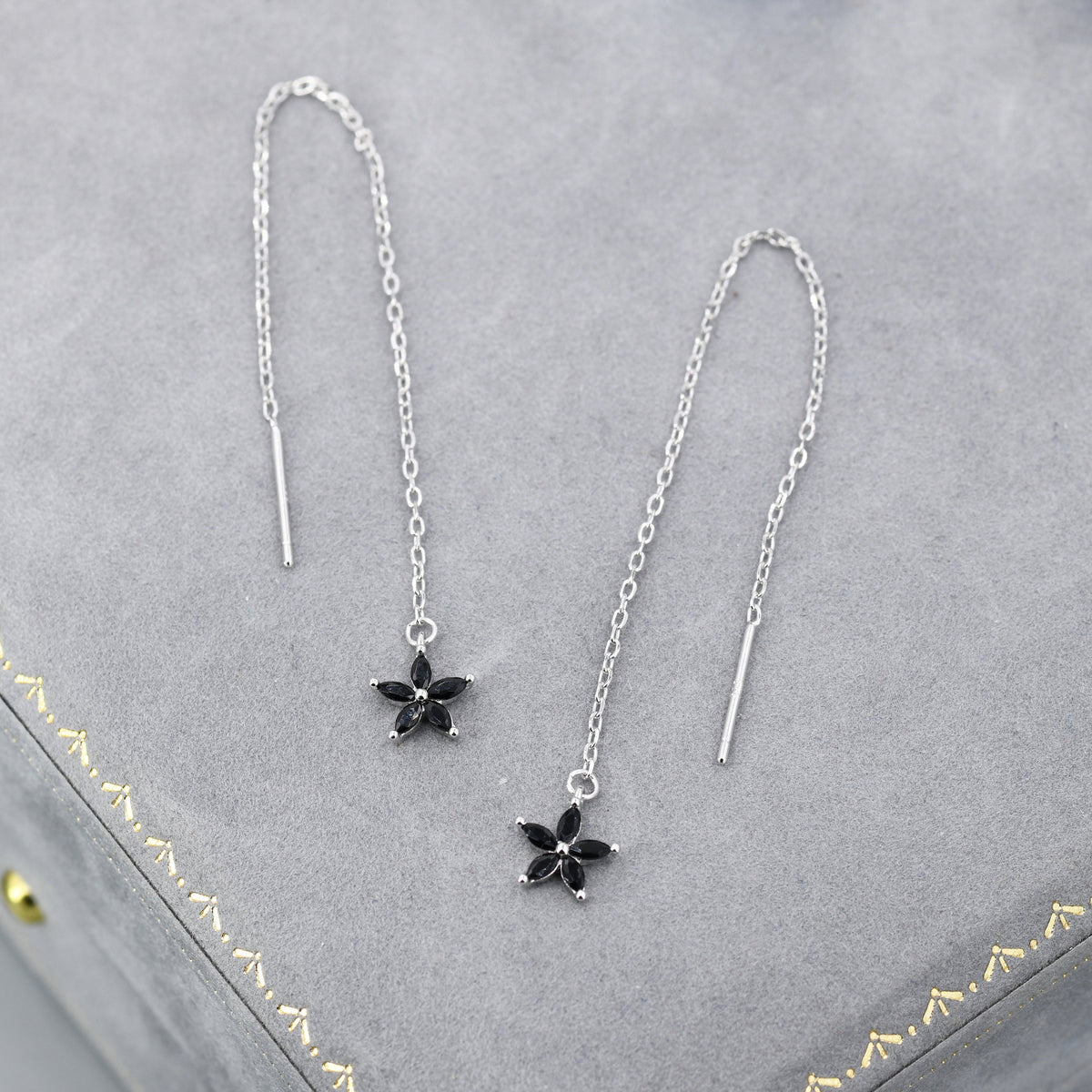 Black CZ Flower Threader Earrings in Sterling Silver, Silver or Gold, Forget-me-not Floral Ear Threaders, Sparkly CZ Threaders