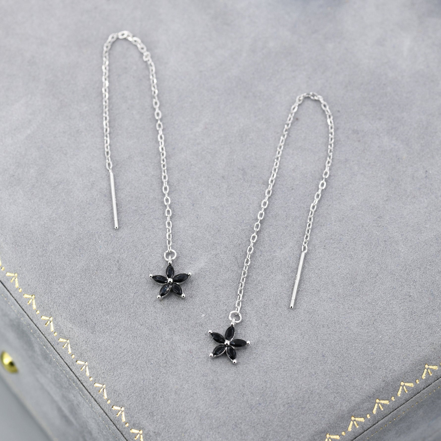 Black CZ Flower Threader Earrings in Sterling Silver, Silver or Gold, Forget-me-not Floral Ear Threaders, Sparkly CZ Threaders