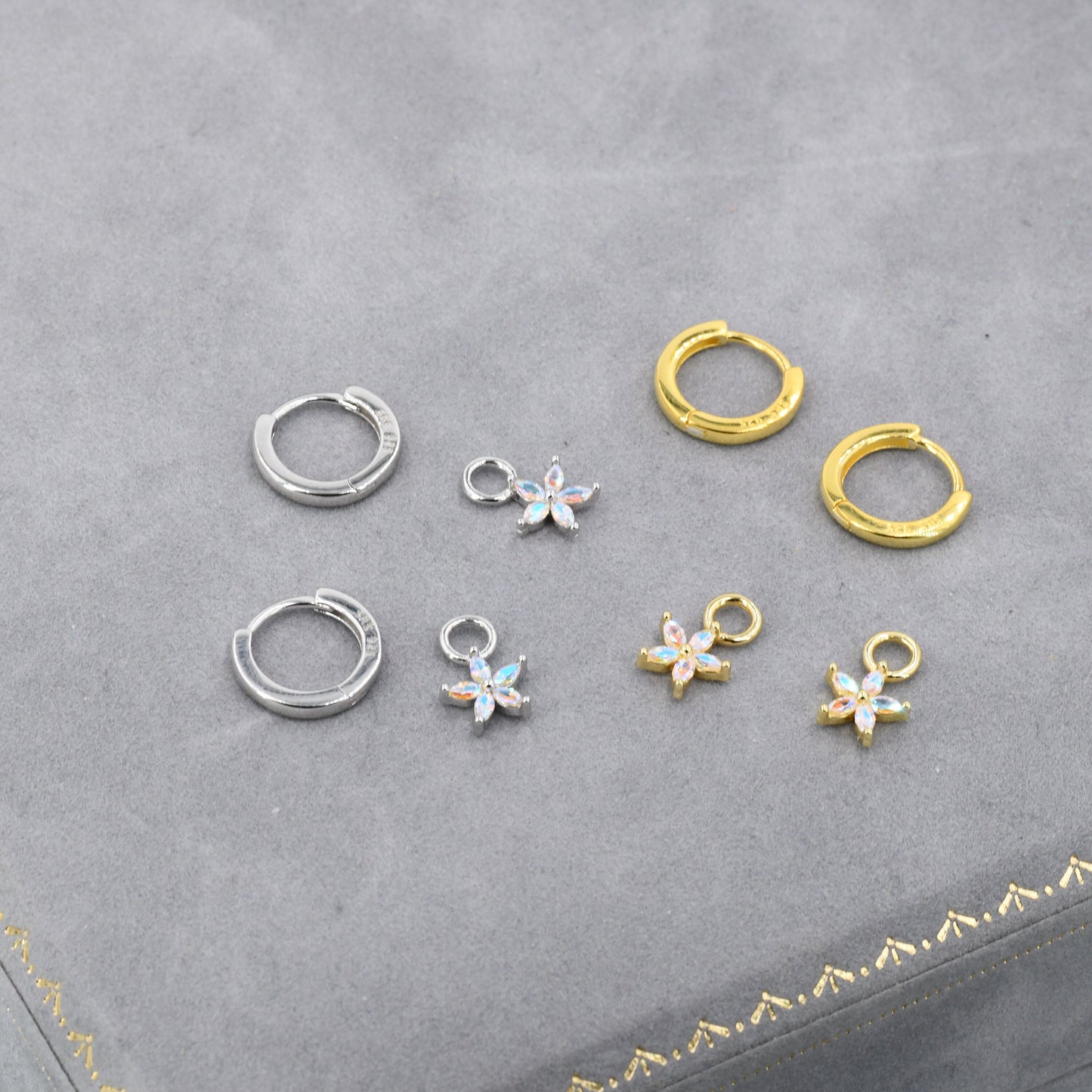 Aurora Colour Flower CZ Huggie Hoop in Sterling Silver, Silver or Gold, Colour Changing Flower Hoops, Detachable and Interchangeable