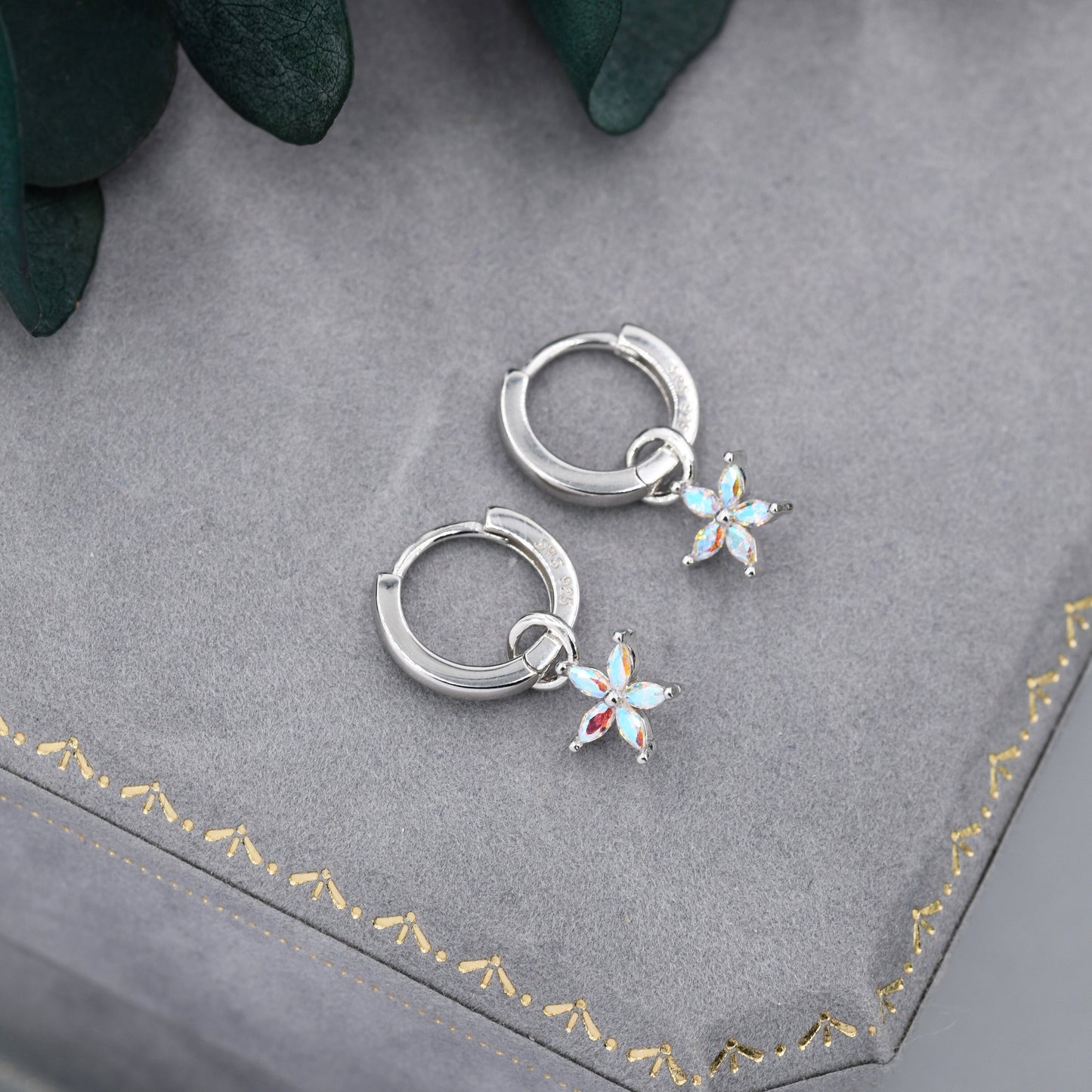 Aurora Colour Flower CZ Huggie Hoop in Sterling Silver, Silver or Gold, Colour Changing Flower Hoops, Detachable and Interchangeable