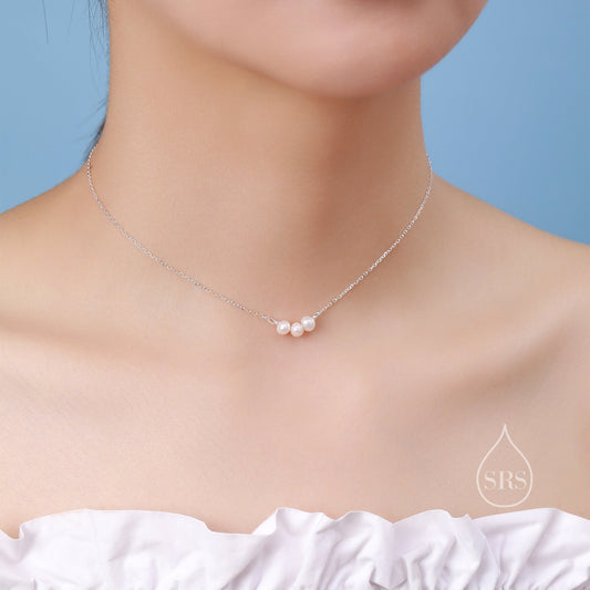 Genuine Pearl Trio Choker Necklace in Sterling Silver, Genuine Freshwater Pearls, Natural Keshi Pearl Necklace, Three Pearl Necklace