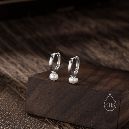 Natural Freshwater Pearl Huggie Hoops, Single Pearl Hoops, Silver or Gold, Genuine Pearl Huggie Hoops, Keshi Pearl Earrings