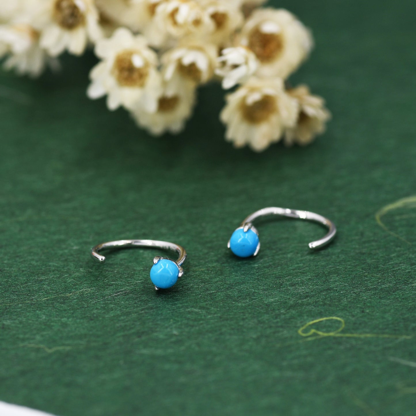 Natural Turquoise Huggie Hoop Threader Earrings in Sterling Silver, 3mm Three Prong Set, Gold or Silver, Pull Through Open Hoops