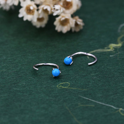 Natural Turquoise Huggie Hoop Threader Earrings in Sterling Silver, 3mm Three Prong Set, Gold or Silver, Pull Through Open Hoops