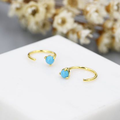 Natural Turquoise Huggie Hoop Threader Earrings in Sterling Silver, 3mm Three Prong Set, Gold or Silver, Pull Through Open Hoops