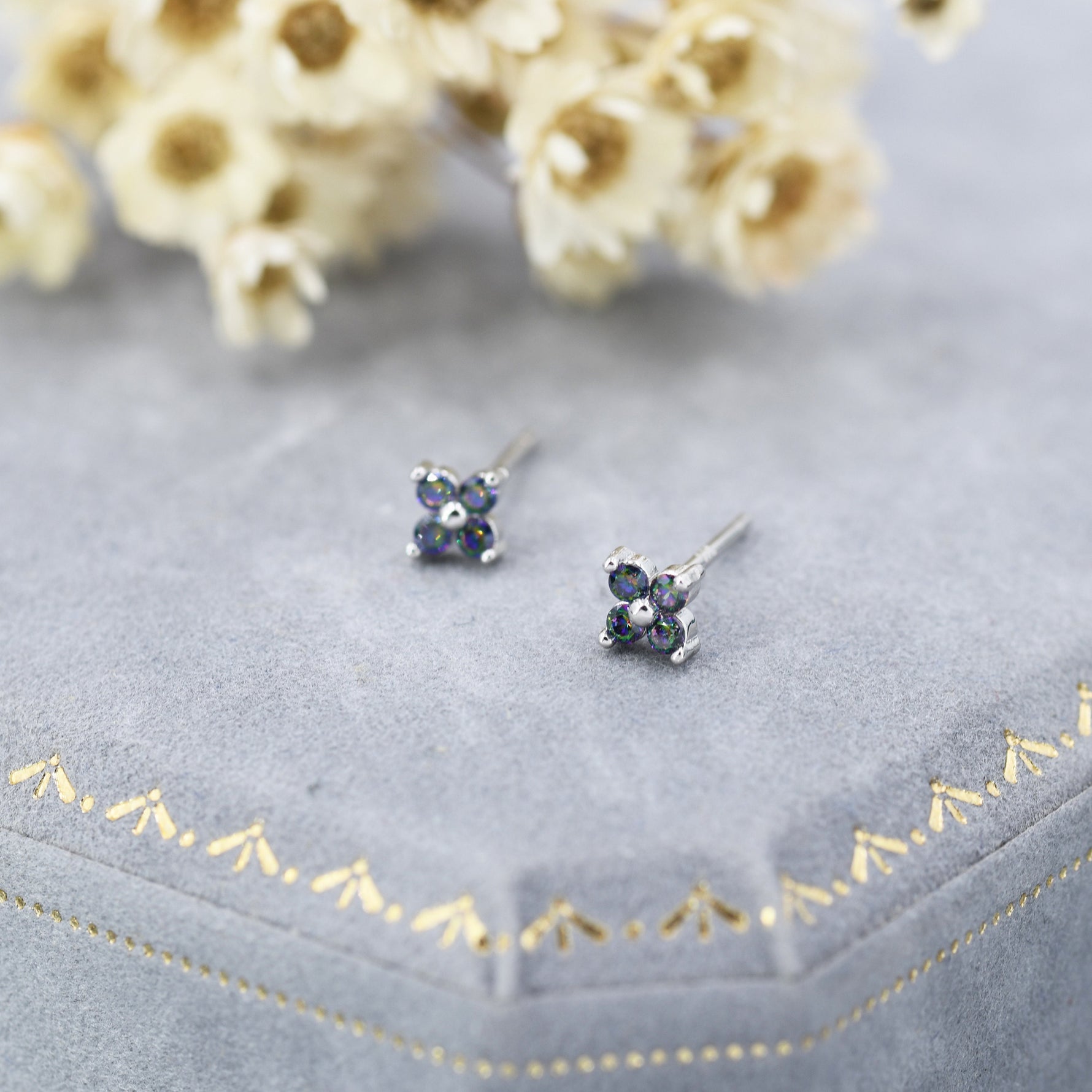 Extra Small Mystic Black Aurora CZ Flower Stud Earrings in Sterling Silver - Aurora AB Crystal CZ Stud, Hydrangea Stud, Colour Changing