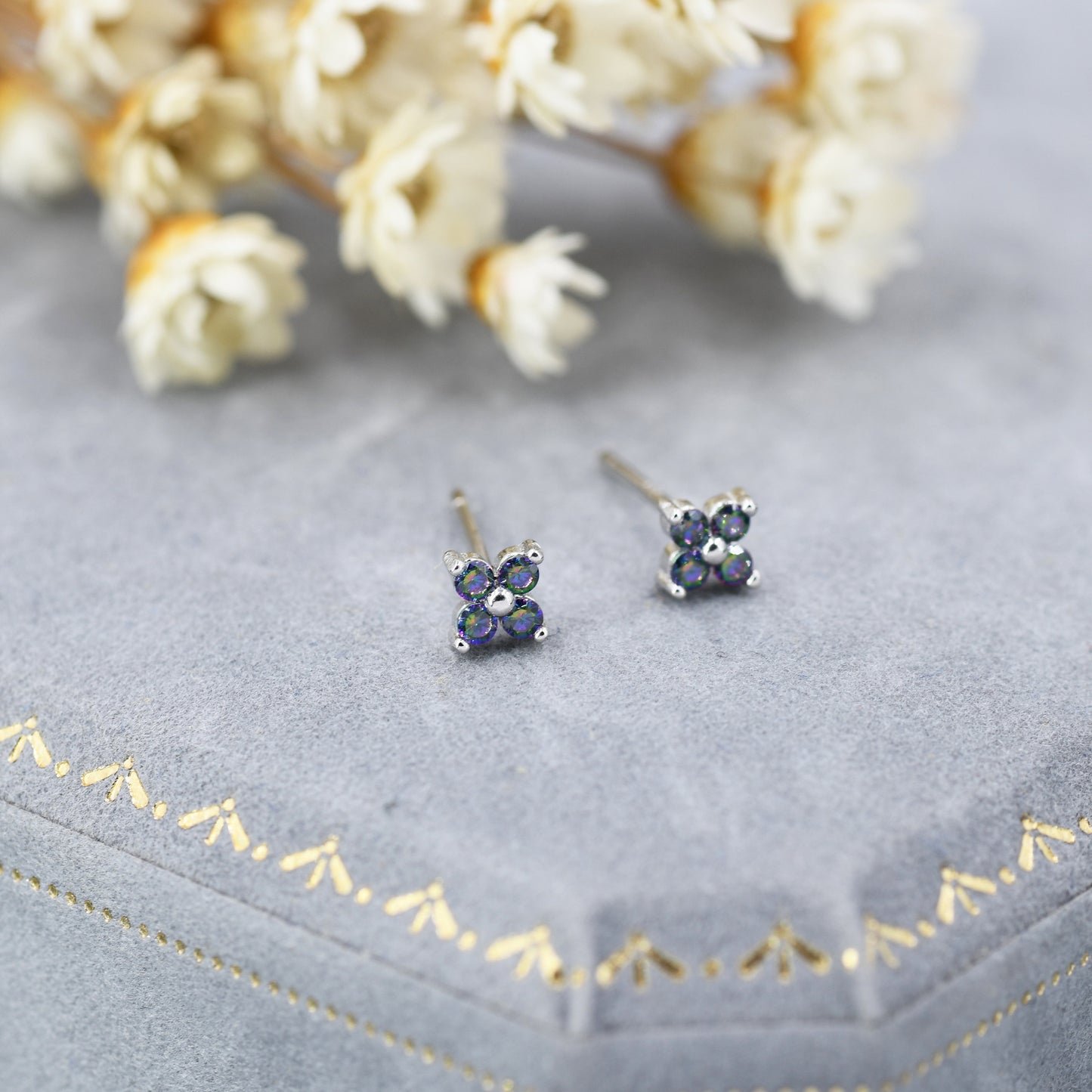 Extra Small Mystic Black Aurora CZ Flower Stud Earrings in Sterling Silver -  Aurora AB Crystal CZ Stud, Hydrangea Stud, Colour Changing