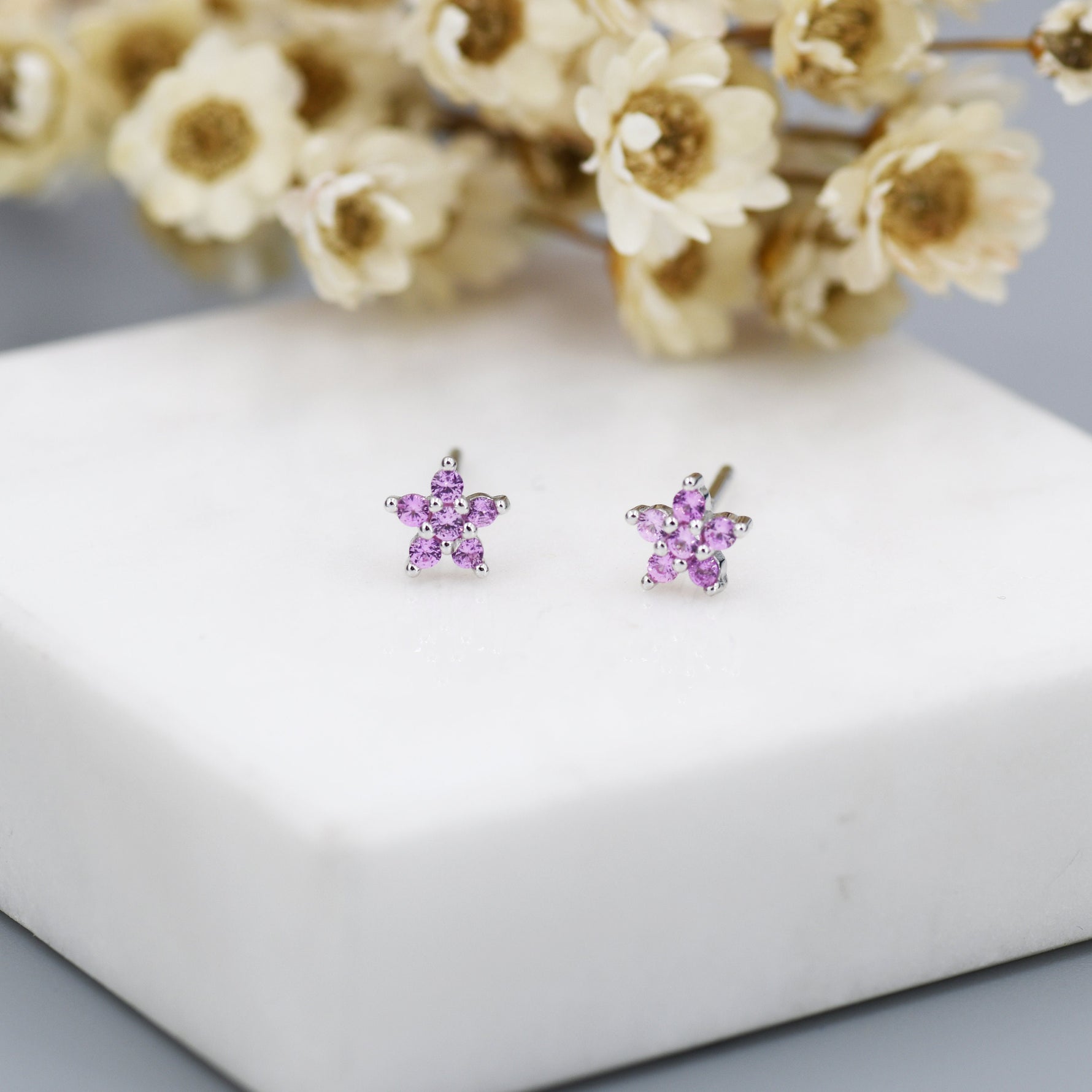 Tiny Pink CZ Flower Stud Earrings in Sterling Silver, Silver or Gold, Pink Crystal Flower Earrings, Stacking Earrings