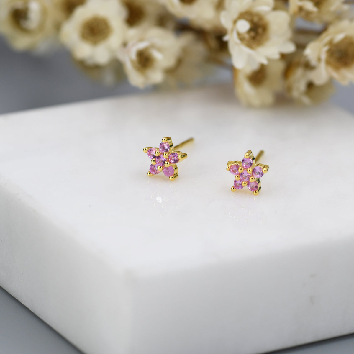 Tiny Pink CZ Flower Stud Earrings in Sterling Silver, Silver or Gold, Pink Crystal Flower Earrings, Stacking Earrings