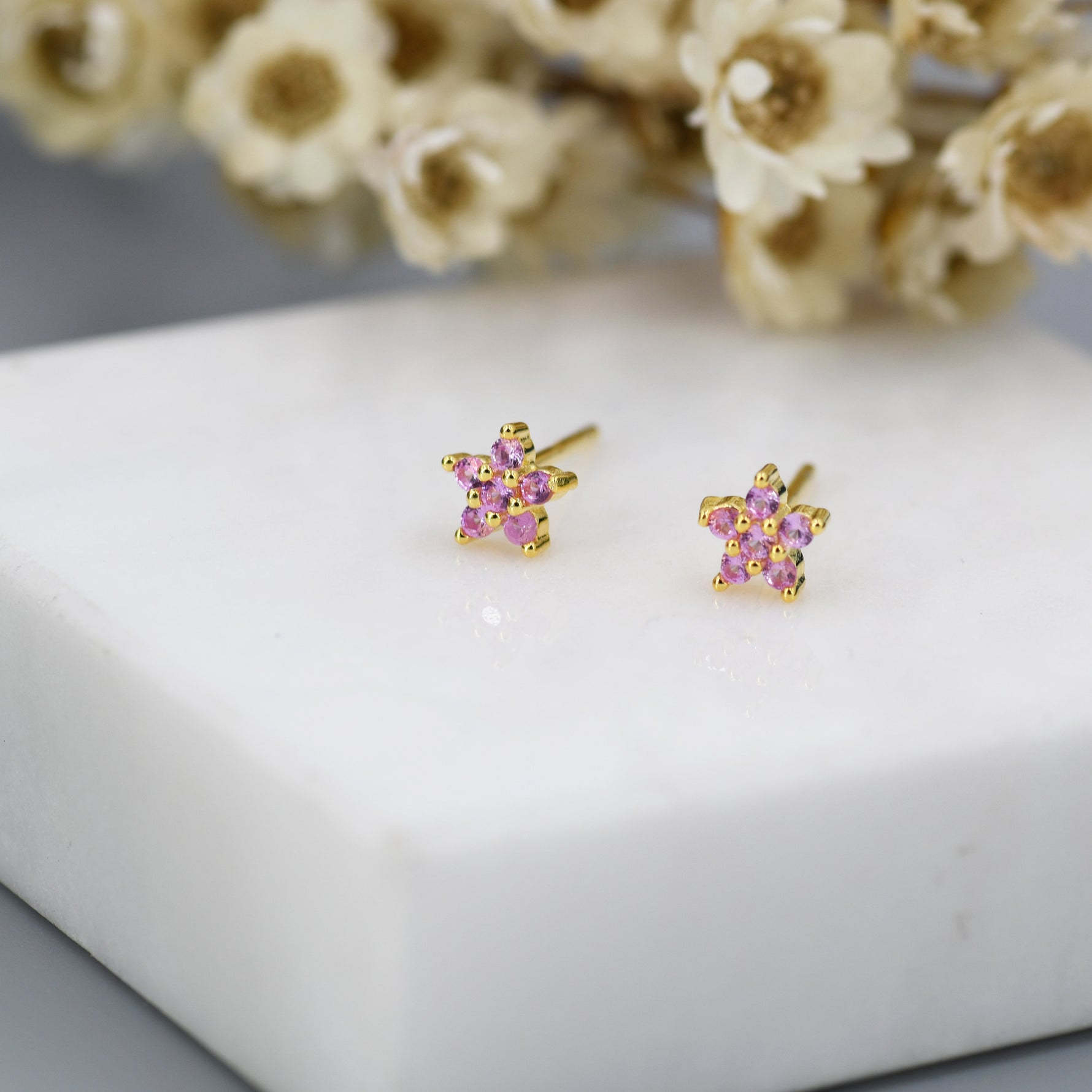 Tiny Pink CZ Flower Stud Earrings in Sterling Silver, Silver or Gold, Pink Crystal Flower Earrings, Stacking Earrings