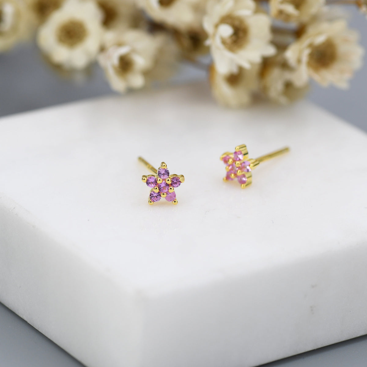 Tiny Pink CZ Flower Stud Earrings in Sterling Silver, Silver or Gold, Pink Crystal Flower Earrings, Stacking Earrings