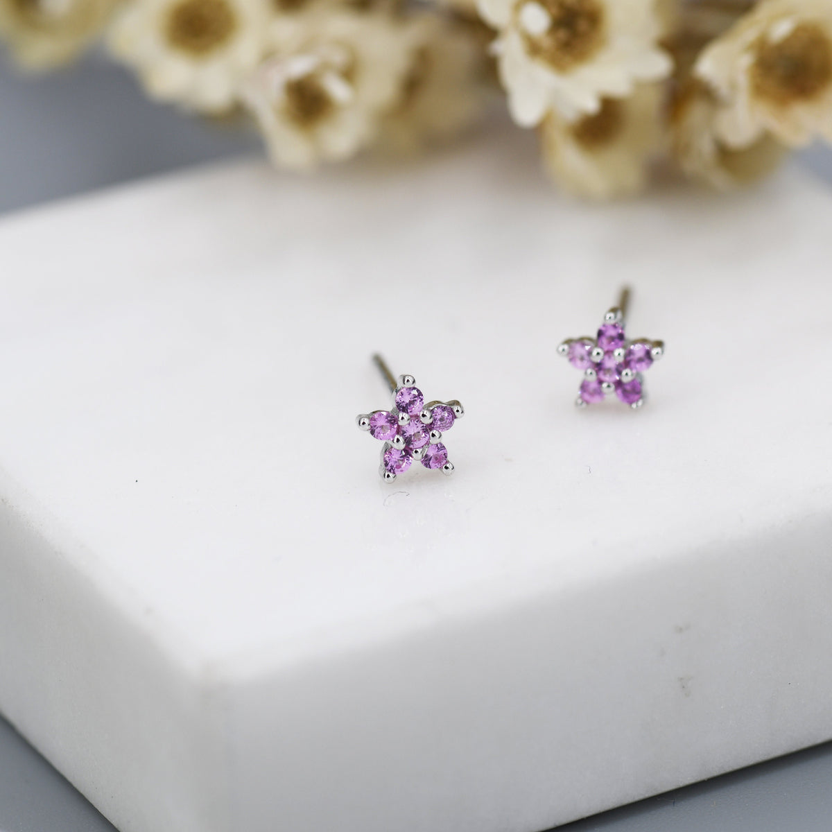 Tiny Pink CZ Flower Stud Earrings in Sterling Silver, Silver or Gold, Pink Crystal Flower Earrings, Stacking Earrings