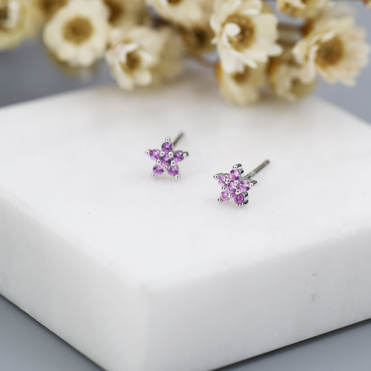 Tiny Pink CZ Flower Stud Earrings in Sterling Silver, Silver or Gold, Pink Crystal Flower Earrings, Stacking Earrings