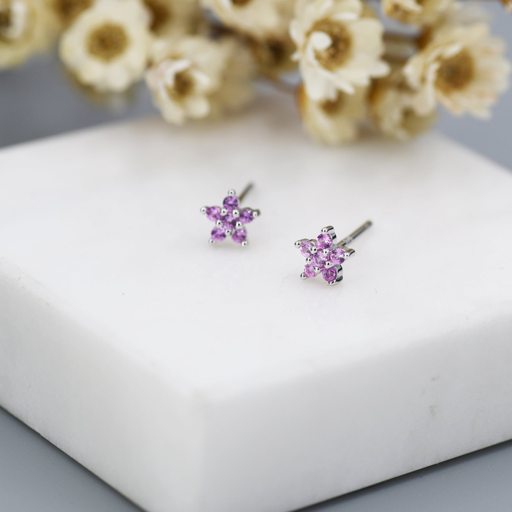 Tiny Pink CZ Flower Stud Earrings in Sterling Silver, Silver or Gold, Pink Crystal Flower Earrings, Stacking Earrings