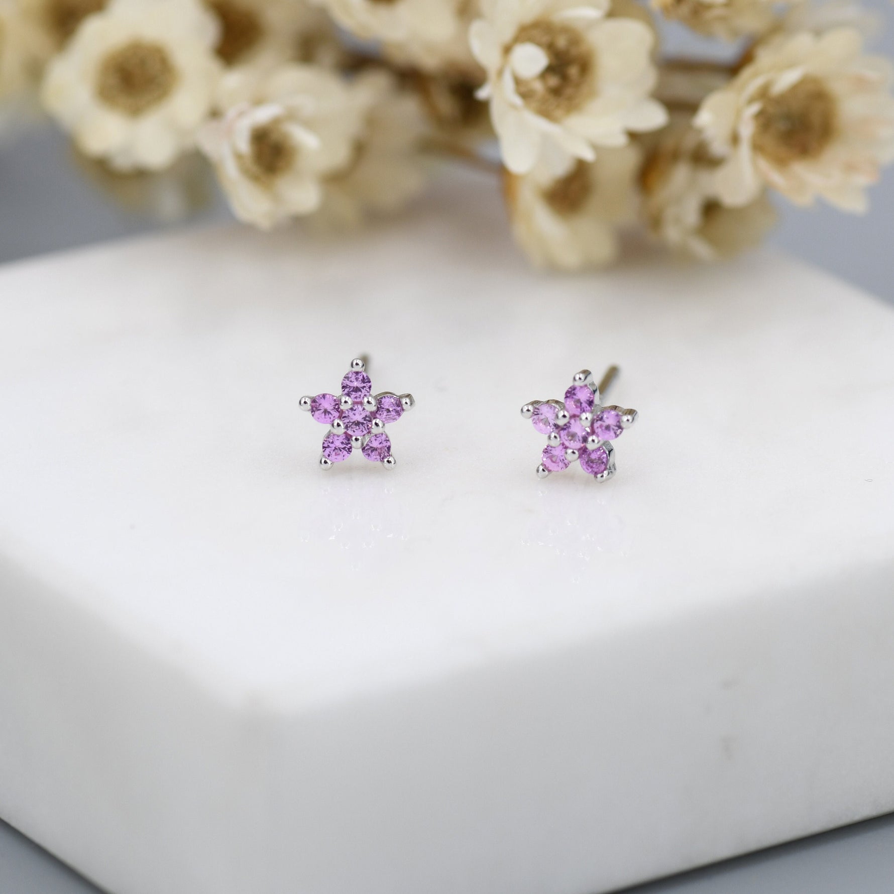 Tiny Pink CZ Flower Stud Earrings in Sterling Silver, Silver or Gold, Pink Crystal Flower Earrings, Stacking Earrings
