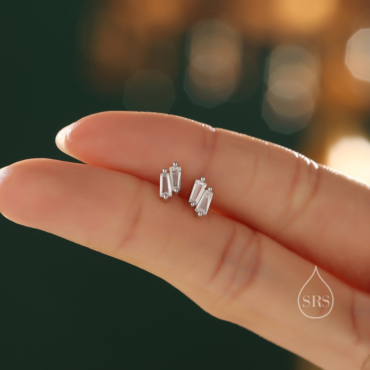 Double Trapezoid CZ 18G Screw Back Earrings in Sterling Silver