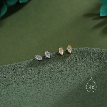 Extra Tiny Marquise CZ Stud Earrings in Sterling Silver, Silver or Gold, Dainty Marquise Crystal Earrings, Bridesmaid's Jewellery