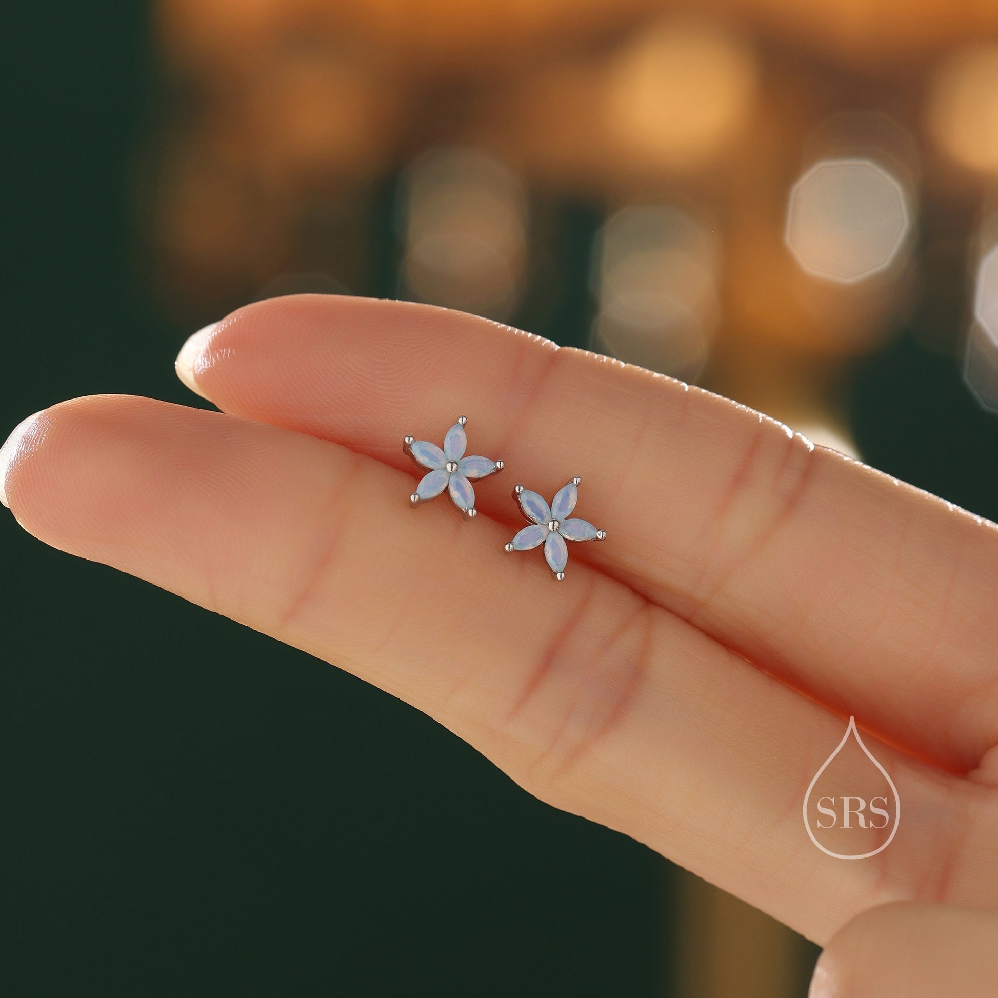 Opal Blue or Opal Pink CZ Flower Stud Earrings in Sterling Silver, Silver or Gold or Rose Gold, Crystal Earrings, Forget Me Not Stud