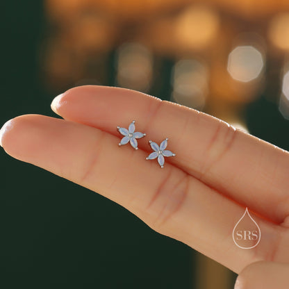 Opal Blue or Opal Pink CZ Flower Stud Earrings in Sterling Silver, Silver or Gold or Rose Gold, Crystal Earrings, Forget Me Not Stud