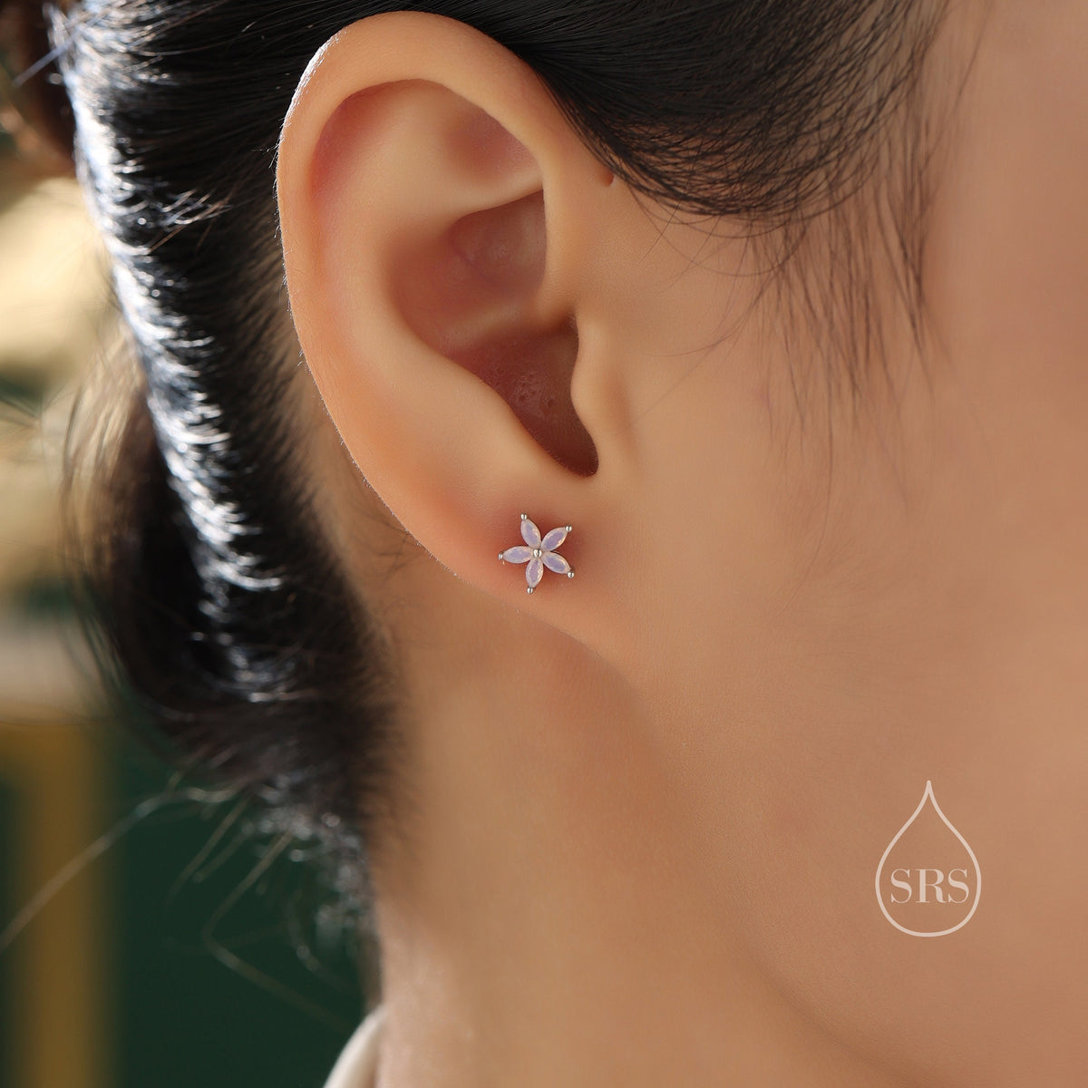 Opal Blue or Opal Pink CZ Flower Stud Earrings in Sterling Silver, Silver or Gold or Rose Gold, Crystal Earrings, Forget Me Not Stud