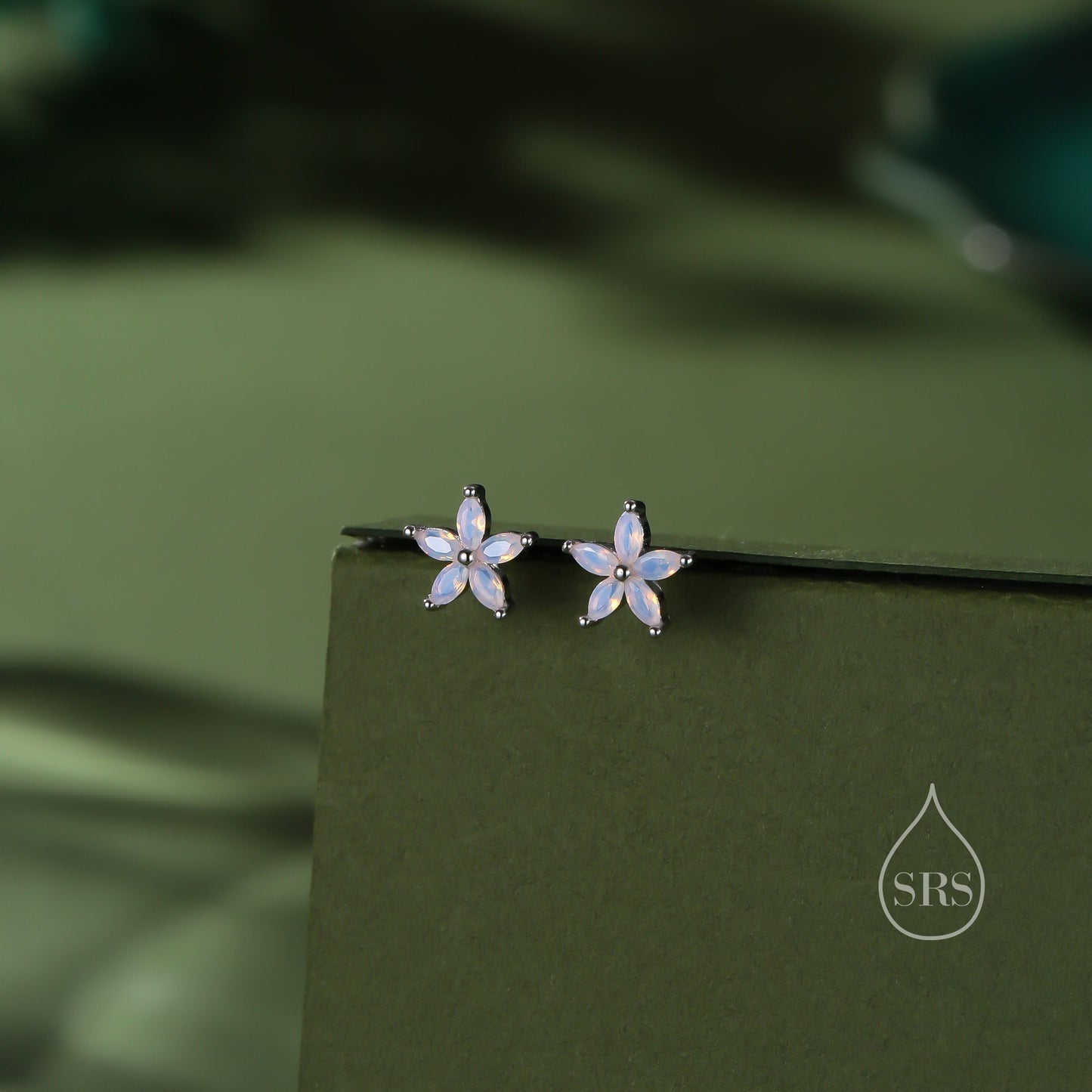 Opal Blue or Opal Pink CZ Flower Stud Earrings in Sterling Silver, Silver or Gold,  Marquise Crystal Earrings, Forget Me Not Flower Stud