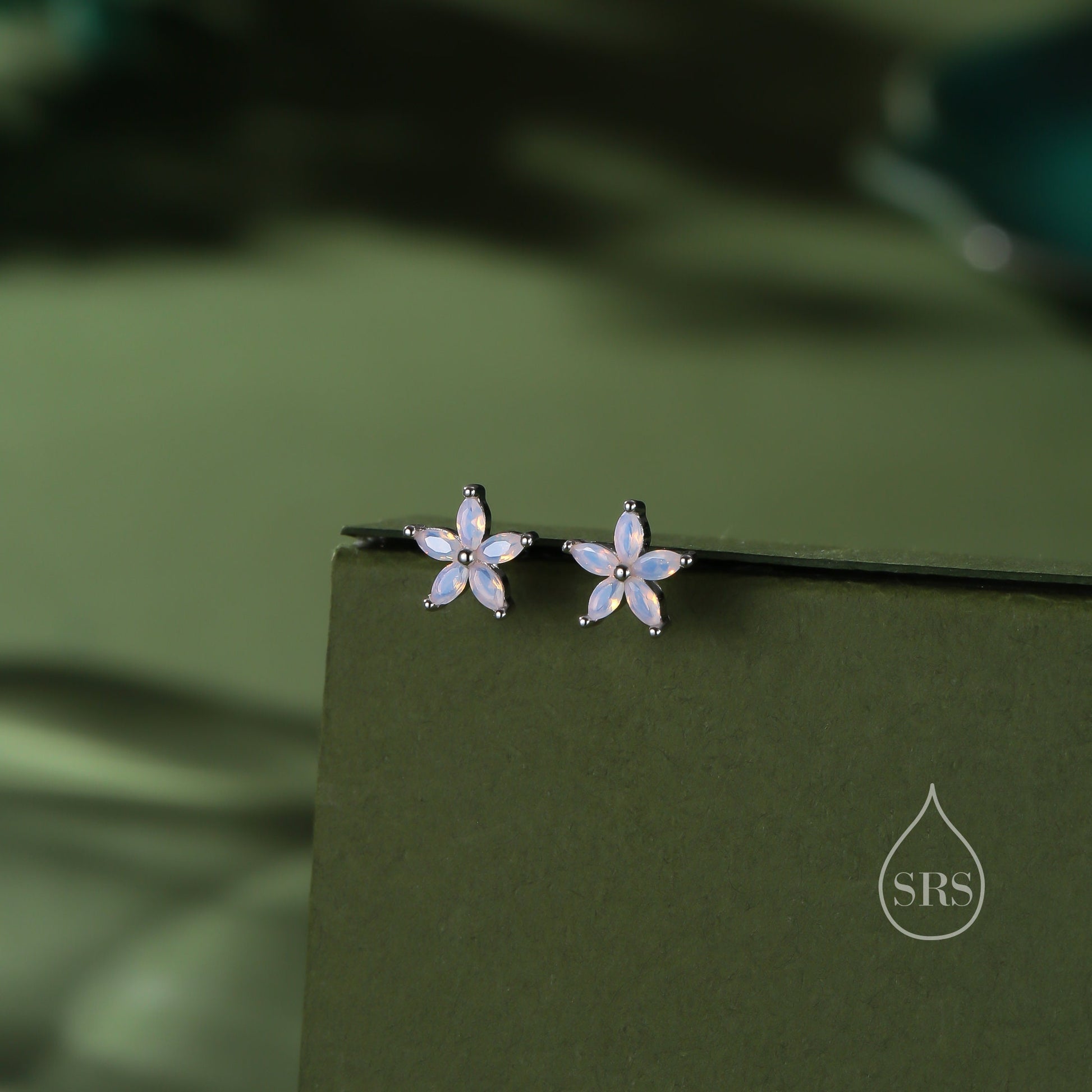 Opal Blue or Opal Pink CZ Flower Stud Earrings in Sterling Silver, Silver or Gold or Rose Gold, Crystal Earrings, Forget Me Not Stud