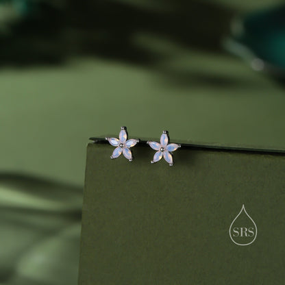 Opal Blue or Opal Pink CZ Flower Stud Earrings in Sterling Silver, Silver or Gold or Rose Gold, Crystal Earrings, Forget Me Not Stud