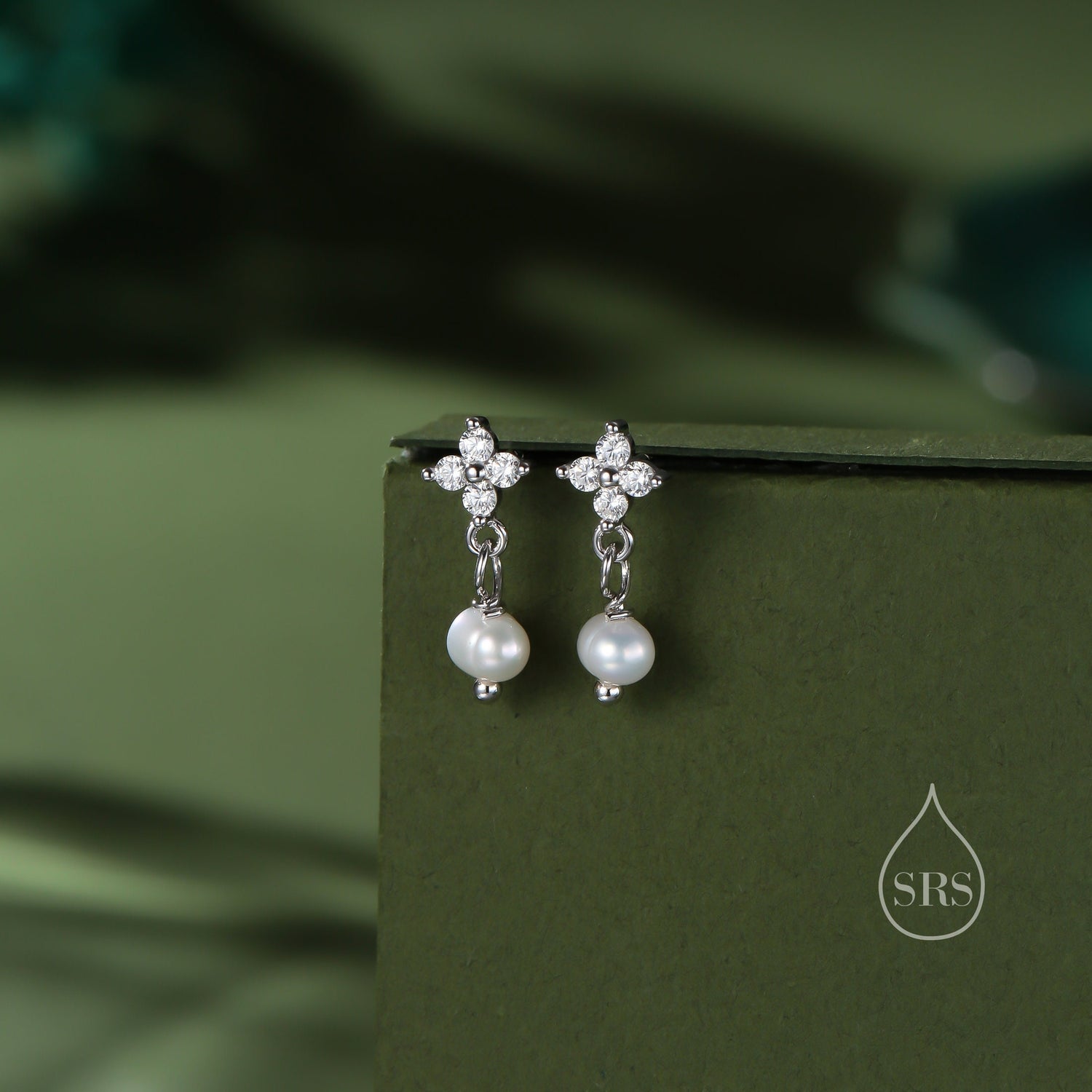 Genuine Baroque Pearl and Hydrangea Flower CZ Drop Earrings in Sterling Silver, Silver or Gold or Rose Gold, Delicate Keshi Pearl Earrings