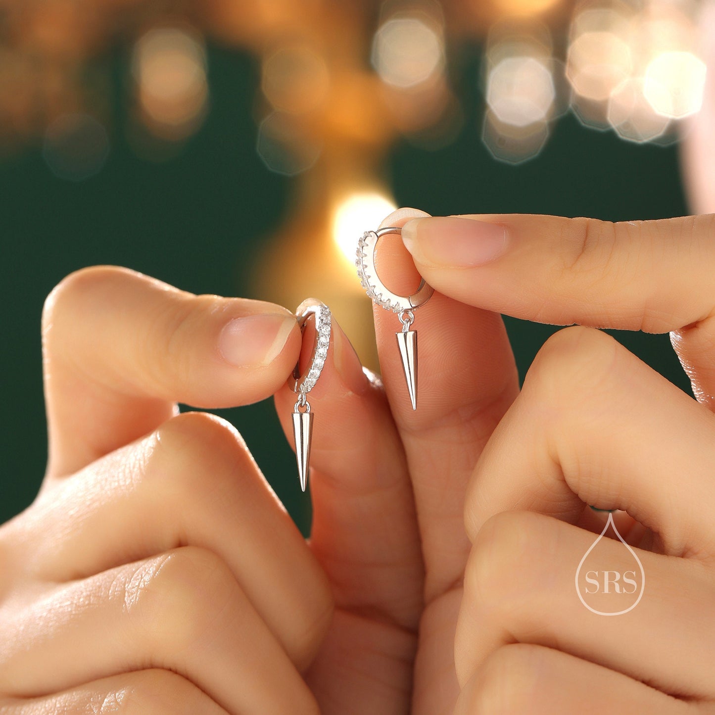 Sterling Silver Dangling Spike CZ Hoop Earrings, Silver or Gold or Rose Gold or Black, Spike Hoop Earrings