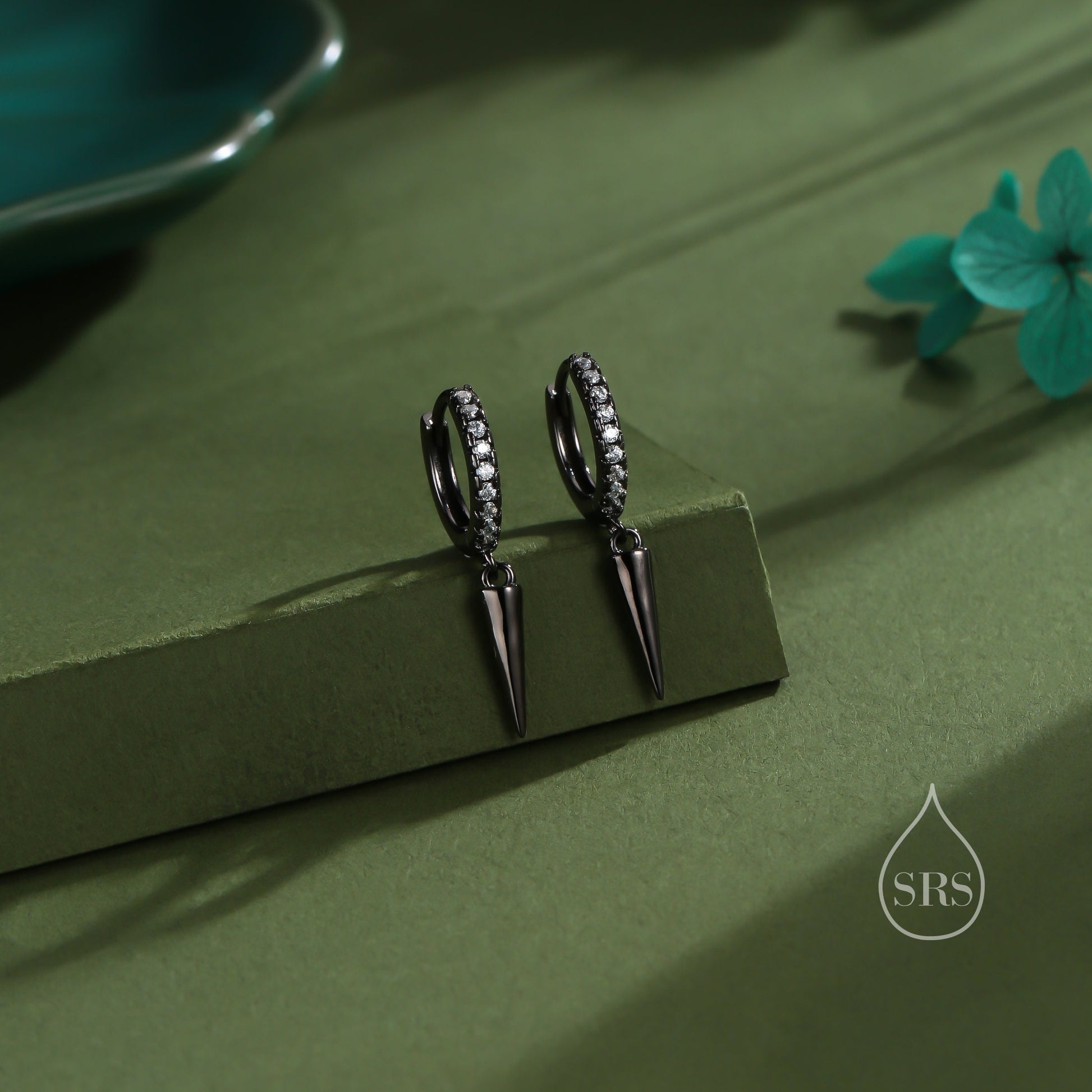 Sterling Silver Dangling Spike CZ Hoop Earrings, Silver or Gold or Rose Gold or Black, Spike Hoop Earrings