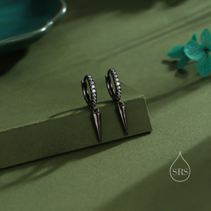 Sterling Silver Dangling Spike CZ Hoop Earrings, Silver or Gold or Rose Gold or Black, Spike Hoop Earrings