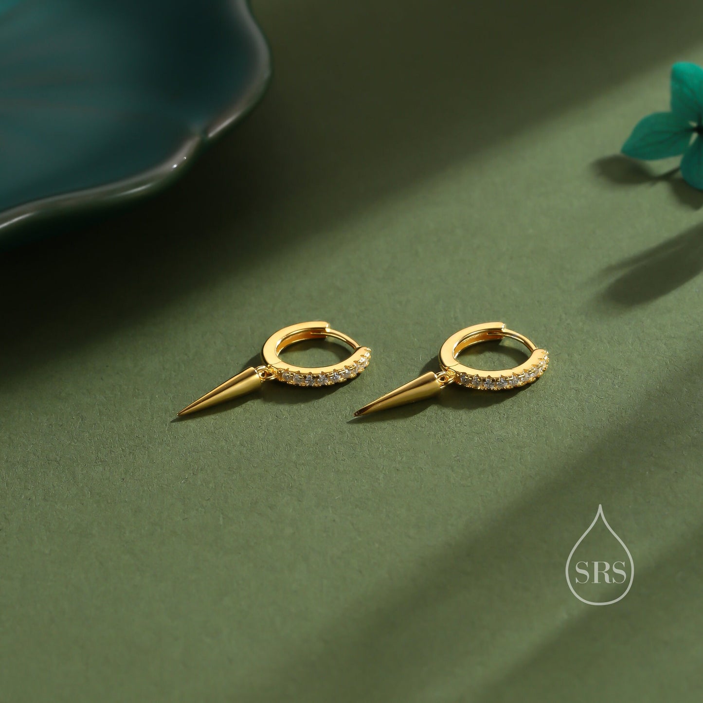 Sterling Silver Dangling Spike CZ Hoop Earrings, Silver or Gold or Rose Gold or Black, Spike Hoop Earrings