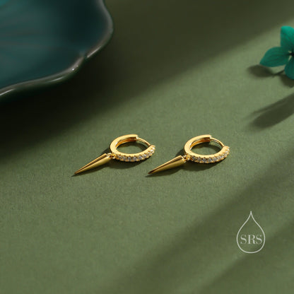 Sterling Silver Dangling Spike CZ Hoop Earrings, Silver or Gold or Rose Gold or Black, Spike Hoop Earrings