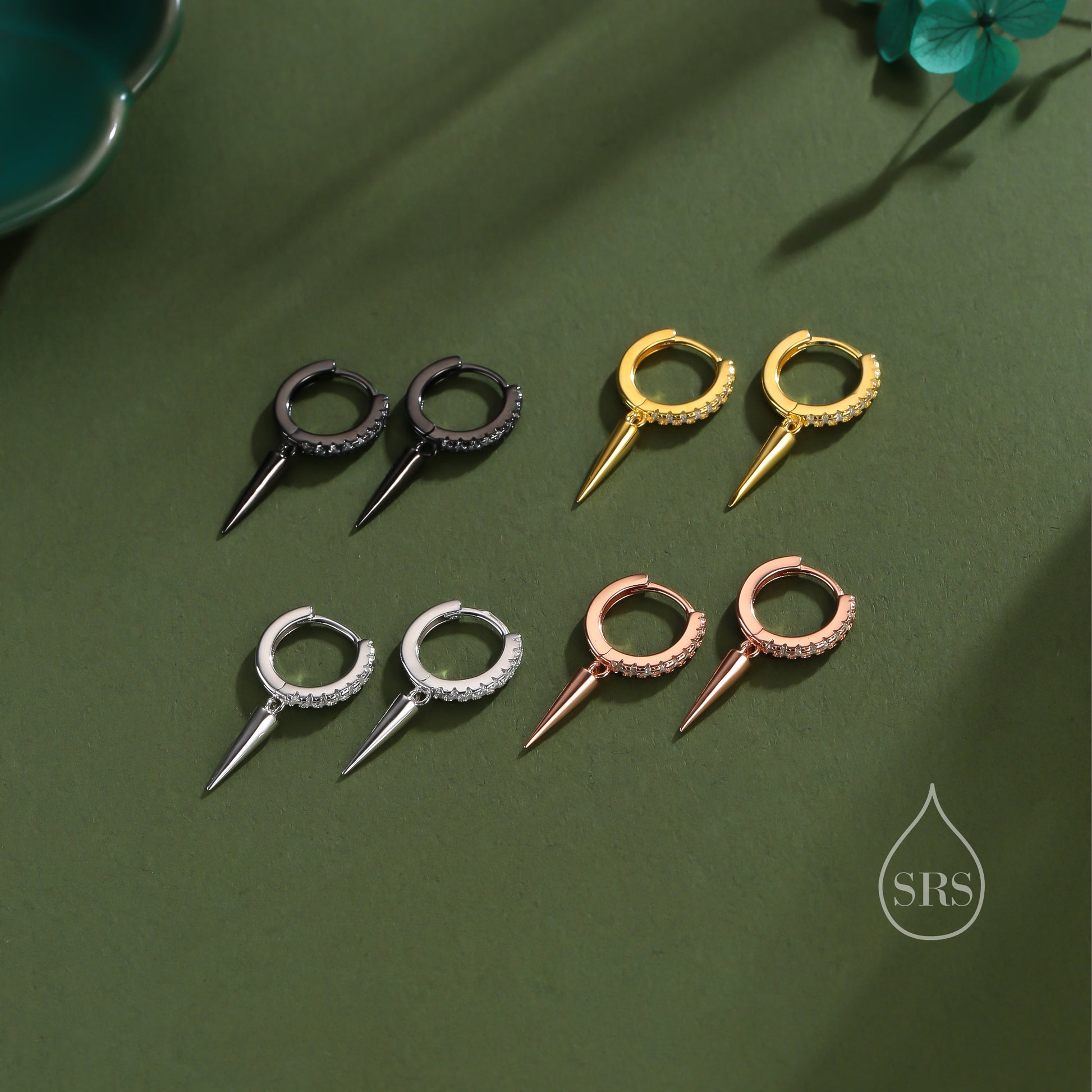 Sterling Silver Dangling Spike CZ Hoop Earrings, Silver or Gold or Rose Gold or Black, Spike Hoop Earrings