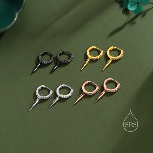 Sterling Silver Dangling Spike CZ Hoop Earrings, Silver or Gold or Rose Gold or Black, Spike Hoop Earrings