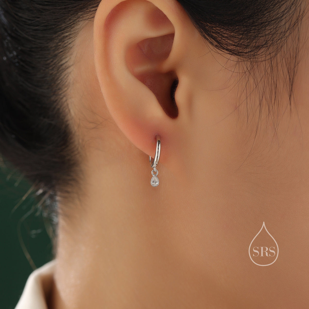 Tiny Dotted Droplet CZ Huggie Hoop Earrings in Sterling Silver, Silver or Gold, Geometric Hoop Earrings, Vintage Inspired Bezel CZ Earrings