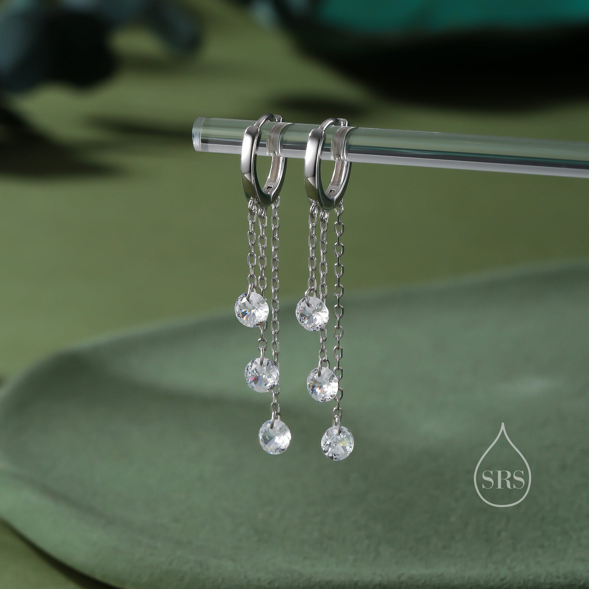 CZ Cascade Huggie Hoop Earrings in Sterling Silver, Silver or Gold, Geometric CZ Dangle Hoop Earrings, CZ Hoop Earrings